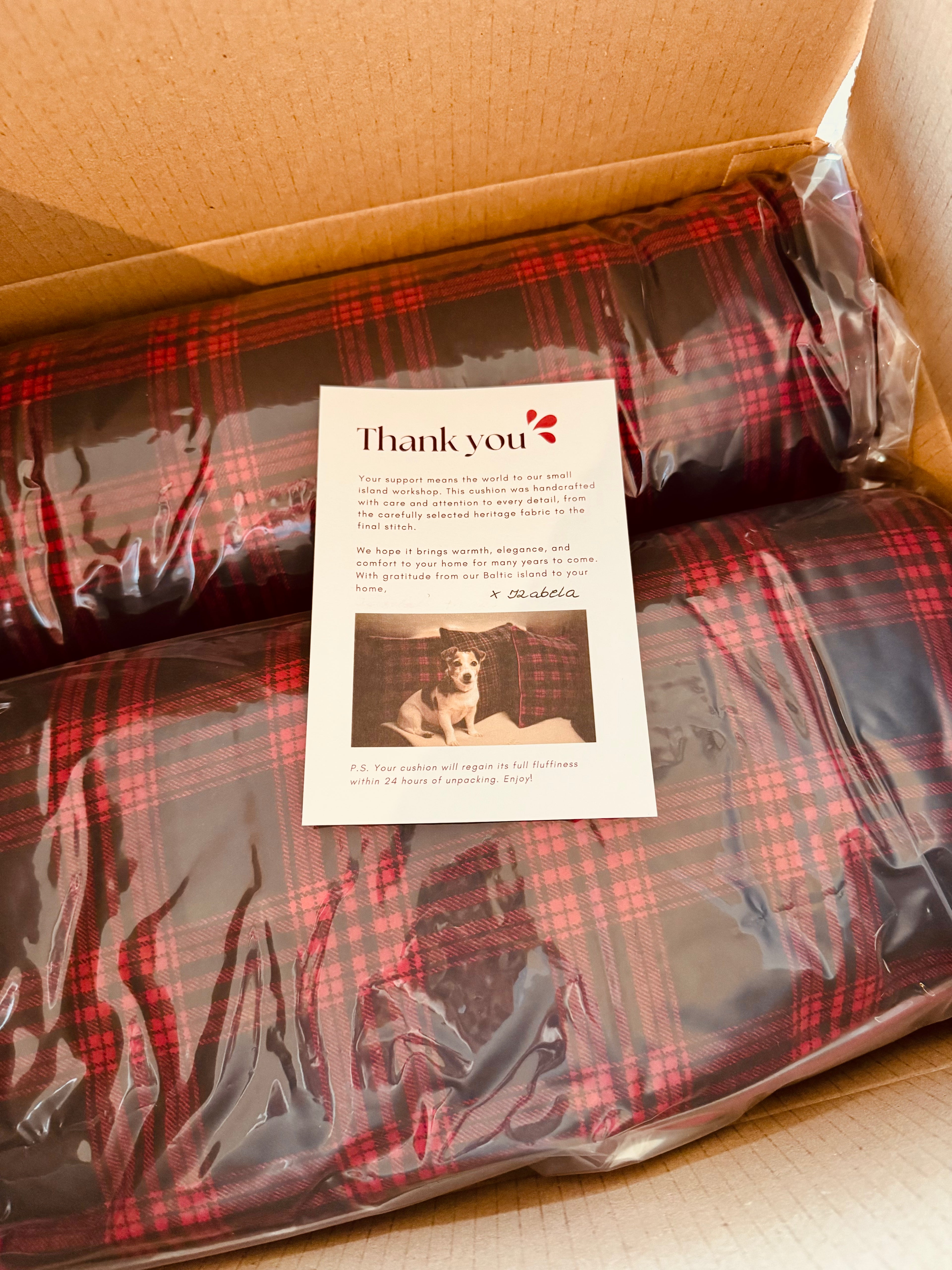 Packaged product with a 'Thank you' card